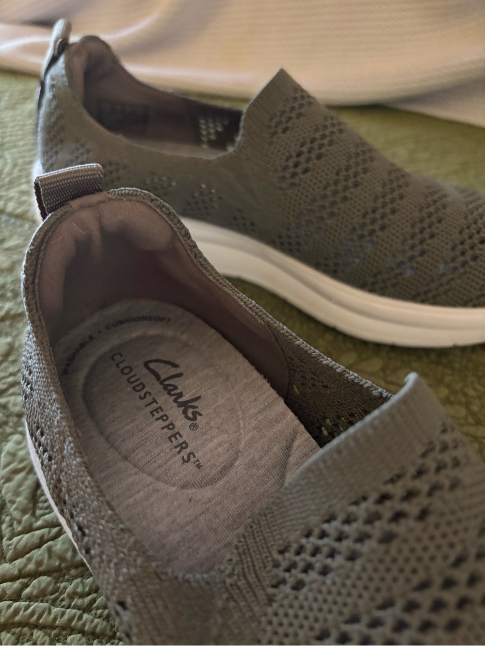Clarks Olive Knit Slip-On Sneakers with White Sole
